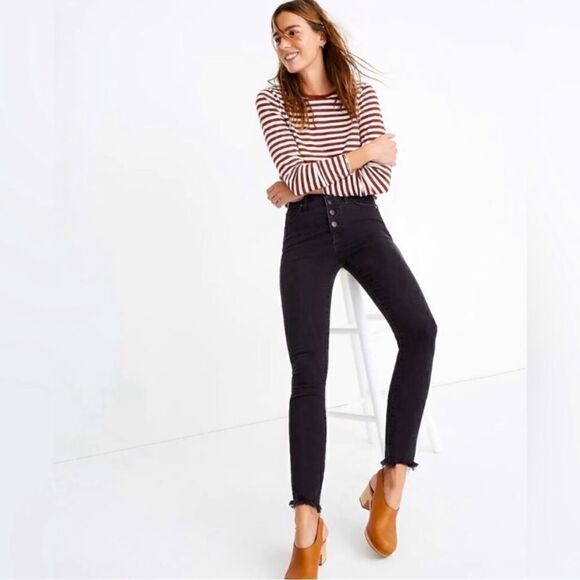 Madewell Charcoal Grey Button Fly 10” High Rise Stretch Skinny Raw Hem 28 - Picture 1 of 7
